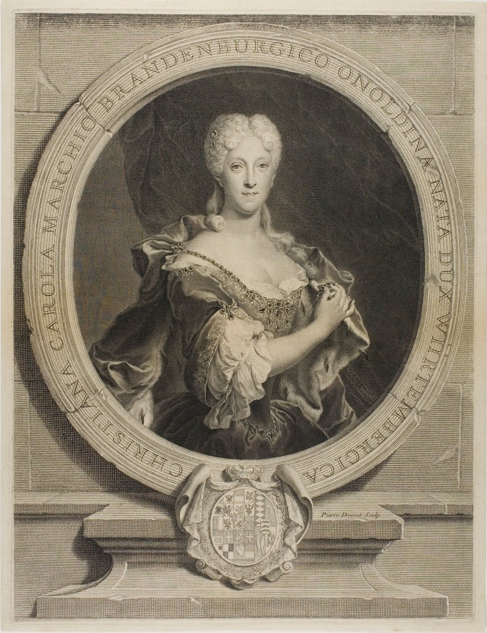 Portret Christine-Caroline, margrabiny Brandenbourg-Onoltzbach, żony Guillaume-Frédéric z Wurtemburga, 1694-1723 autorstwa Pierre Drevet