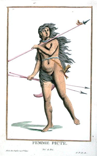 Kobieta piktyjska z „Receuil des Estampes, Representant des Rangs et des Dignites, według stroju wszystkich istniejących narodów”, wydanej w 1780 r. (rycina ręcznie kolorowana) autorstwa Pierre Duflos
