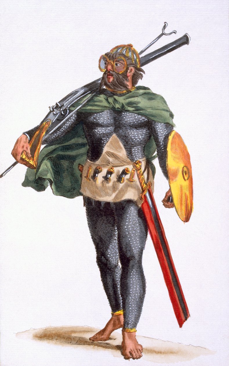Wojownik z Wysp Zielonego Przylądka, z „Historii podróży”, 1780 (rycina ręcznie kolorowana) autorstwa Pierre Duflos