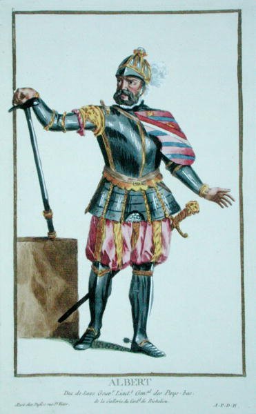 Albert Śmiały (1443-1500) Książę Saksonii z Receuil des Estampes, reprezentujący szeregi i dostojników, według stroju wszystkich istniejących narodów”, wydana w 1780 r. (rycina ręcznie kolorowana) autorstwa Pierre Duflos