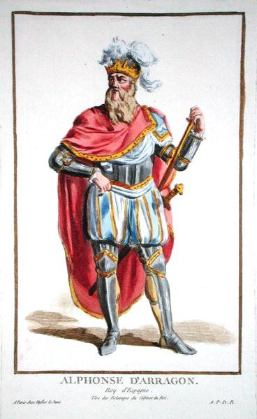 Alfonso V (1396-1458) król Aragonii i Sycylii, z „Recueil des Estampes, reprezentujący szeregi i dostojników, według stroju wszystkich istniejących narodów”, wydana w 1780 r. (ręcznie kolorowana grawerunek) autorstwa Pierre Duflos