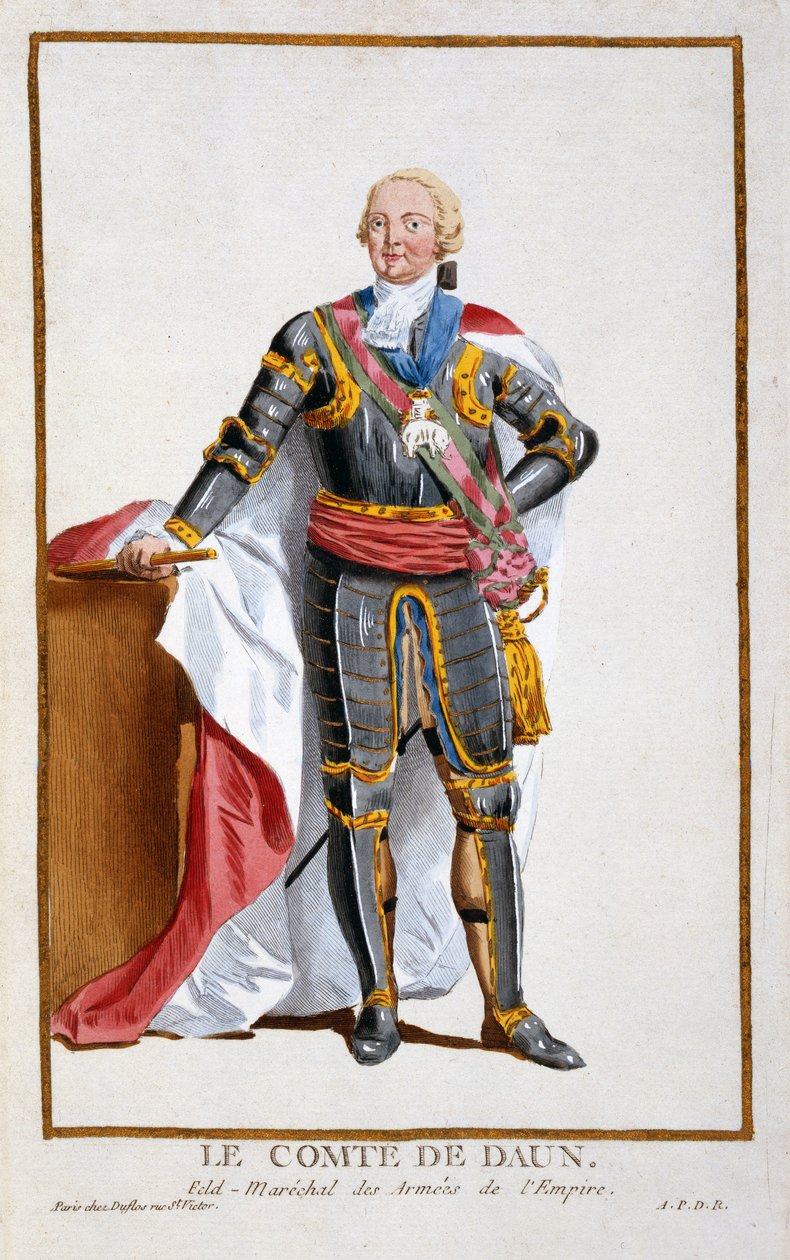 Hrabia de Daun, generał armii Świętego Cesarstwa Rzymskiego (1705-66) z Receuil des Estampes, reprezentujący szeregi i godności, według stroju wszystkich istniejących narodów”, opublikowany 1 autorstwa Pierre Duflos