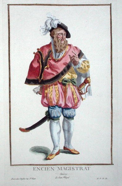 Suknia sędziego szwajcarskiego z „Receuil des Estampes, Representant les Rangs et les Dignites, według stroju wszystkich istniejących narodów”, wydanej w 1780 r. (rycina ręcznie kolorowana) autorstwa Pierre Duflos