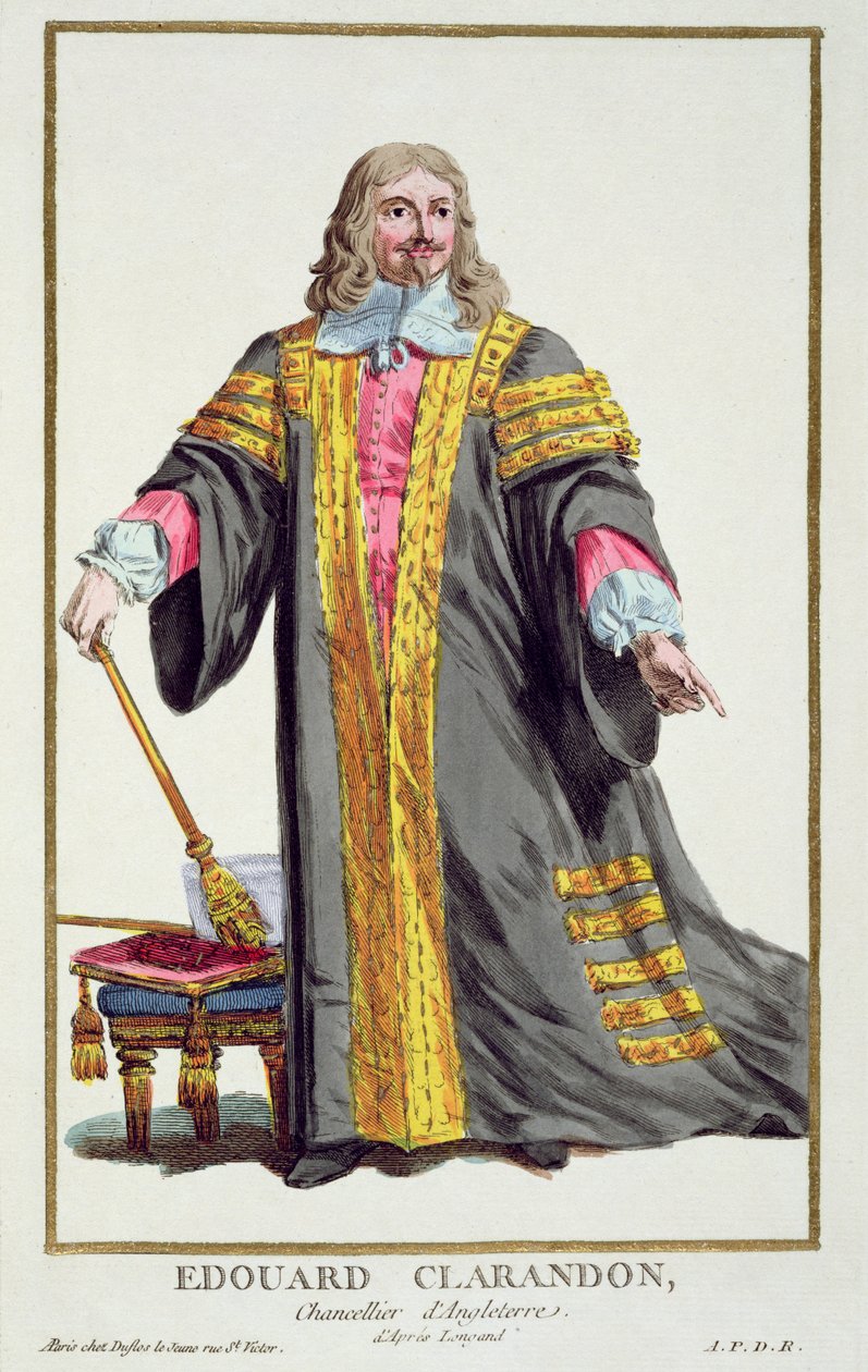Edward Hyde (1609-74) Pierwszy hrabia Clarendon z "Receuil des Estampes, representant les Rangs et les Dignites, suivant le Costume de toutes les Nations existantes", opublikowanego w 1780 roku (ręcznie kolorowany w autorstwa Pierre Duflos