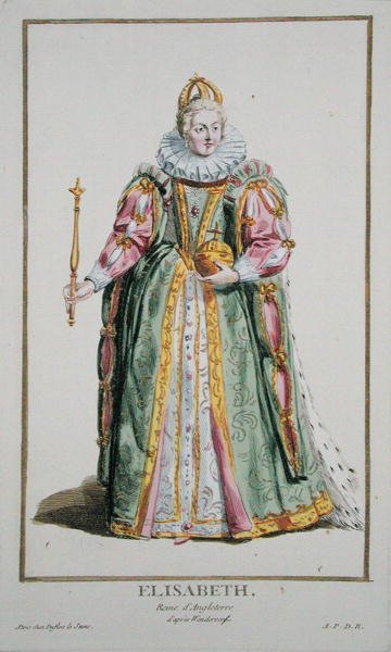 Elżbieta I (1530-1603) z „Receuil des Estampes, przedstawiającej szeregi i dostojników, według stroju wszystkich istniejących narodów”, wydanej w 1780 r. (rycina ręcznie kolorowana) autorstwa Pierre Duflos