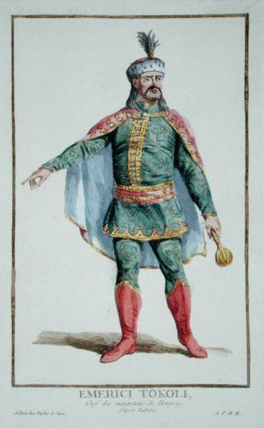 Emerici Tokoli, wódz malkontentów węgierskich z „Receuil des Estampes, Representant des Rangs et des Dignites, według stroju wszystkich istniejących narodów”, wydanej w 1780 r. (ręcznie kolorowana grawerunek) autorstwa Pierre Duflos
