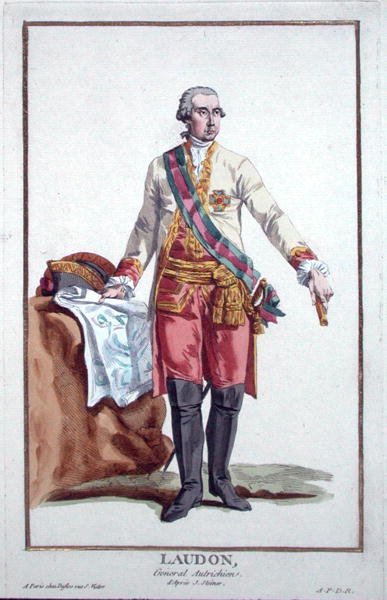 Generał Laudon (1717-90) z „Receuil des Estampes, Representant des Rangs et des Dignites, według stroju wszystkich istniejących narodów”, wydanej w 1780 r. (rycina ręcznie kolorowana) autorstwa Pierre Duflos