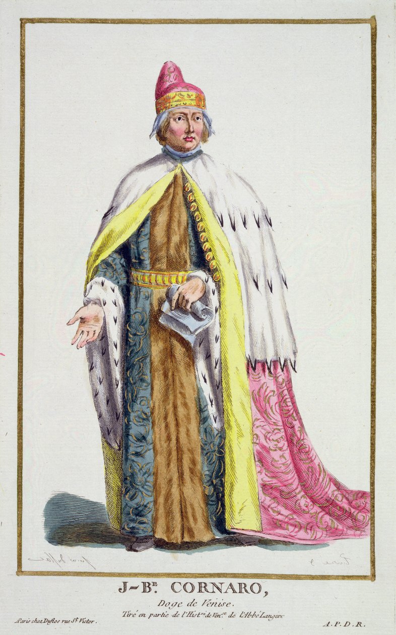 Giovanni Cornaro (1647-1722) Doge of Venice, z „Receuil des Estampes, reprezentujący szeregi i dostojników, według stroju wszystkich istniejących narodów”, wydana w 1780 r. (rycina ręcznie kolorowana) autorstwa Pierre Duflos