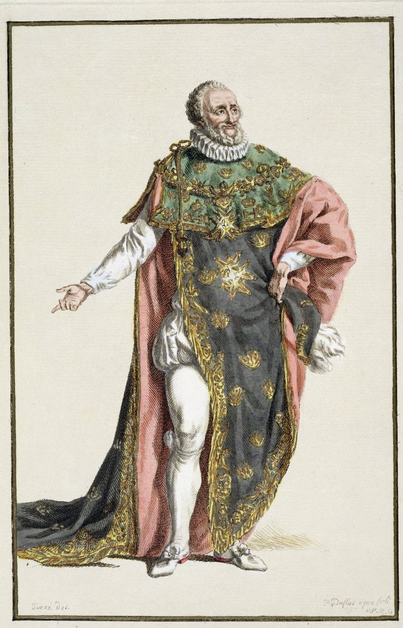 Henryk IV (1553-1610) król Francji, z Receuil des Estampes, reprezentujący szeregi i godności, na wzór stroju wszystkich istniejących narodów, wydany w 1780 r. (rycina ręcznie kolorowana) autorstwa Pierre Duflos