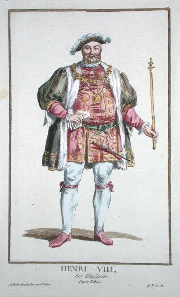 Henryk VIII (1491-1547), król Anglii (1509-47) z „Receuil des Estampes, reprezentujący szeregi i dostojników, według stroju wszystkich istniejących narodów”, opublikowany w 1780 r. (ręcznie kolorowane grawerowanie) autorstwa Pierre Duflos