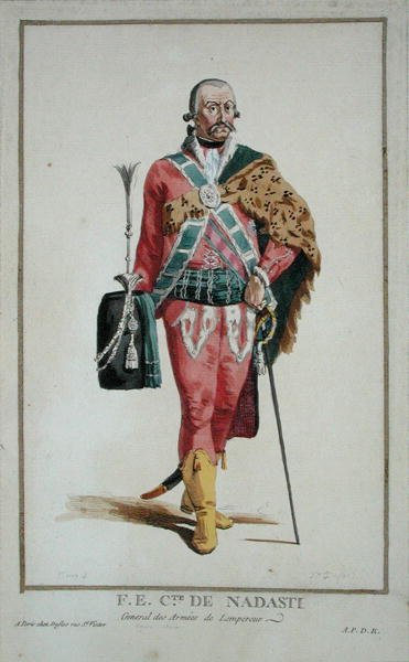 Jego Ekscelencja Hrabia de Nadasti z „Receuil des Estampes, Representant les Rangs et les Dignites, według stroju wszystkich istniejących narodów”, wydanej w 1780 r. (ręcznie kolorowane grawerowanie) autorstwa Pierre Duflos