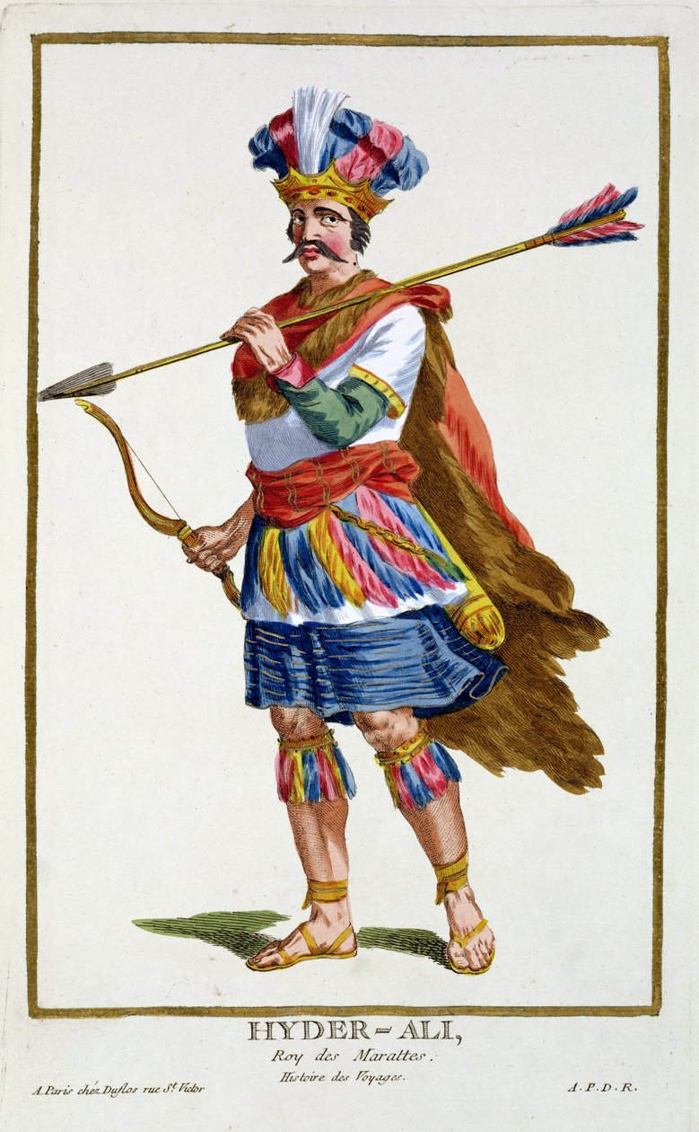 Hyder Ali (1722-82) z „Receuil des Estampes, reprezentujący szeregi i dostojników, według stroju wszystkich istniejących narodów”, wydana w 1780 r. (ręcznie kolorowana grawerunek) autorstwa Pierre Duflos