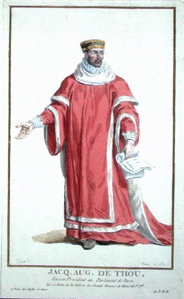 Jacques Auguste de Thou (1533-1617) z „Receuil des Estampes, Representant des Rangs et les Dignites, według stroju wszystkich istniejących narodów”, wydanej w 1780 r. (rycina ręcznie kolorowana) autorstwa Pierre Duflos