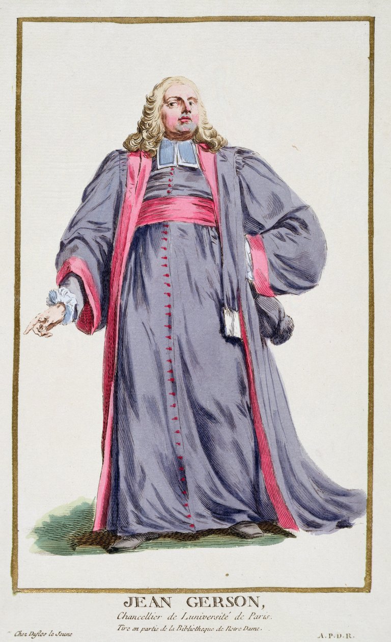 Jean Gerson (1363-1429) z "Receuil des Estampes, Representant les Rangs et les Dignites, suivant le Costume de toutes les Nations existantes", wyd. 1780 (rycina ręcznie kolorowana) autorstwa Pierre Duflos