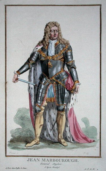 John Churchill (1650-1722) Książę Marlborough z „Receuil des Estampes, reprezentujący szeregi i godności, według stroju wszystkich istniejących narodów”, wydanej w 1780 r. (rycina ręcznie kolorowana) autorstwa Pierre Duflos