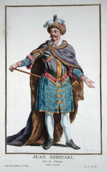 Jan III Sobiewski (1629-96) Król Polski z „Receuil des Estampes, reprezentujący szeregi i dostojników według stroju wszystkich istniejących narodów”, wydanej w 1780 r. (rycina ręcznie kolorowana) autorstwa Pierre Duflos