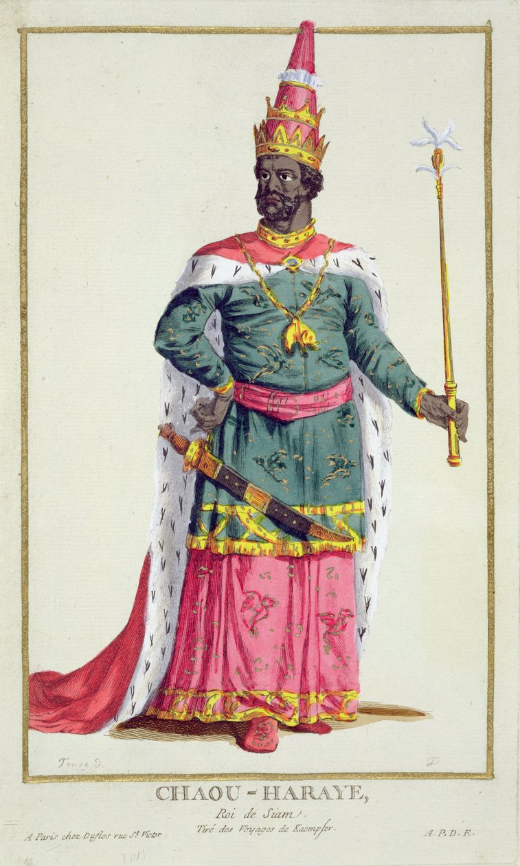Król Chau-Haraye z Syjamu z „Receuil des Estampes, Representant les Rangs et les Dignites, według stroju wszystkich istniejących narodów”, wydanej w 1780 r. (rycina ręcznie kolorowana) autorstwa Pierre Duflos