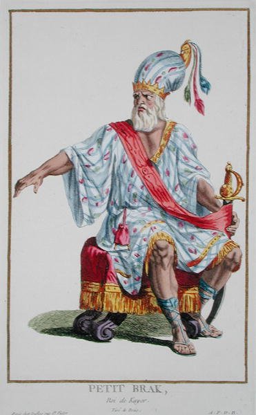 Little Brak, król Kayor, z „Recueil des Estampes, reprezentujący szeregi i godności, według stroju wszystkich istniejących narodów”, wydana w 1780 r. (rycina ręcznie kolorowana) autorstwa Pierre Duflos