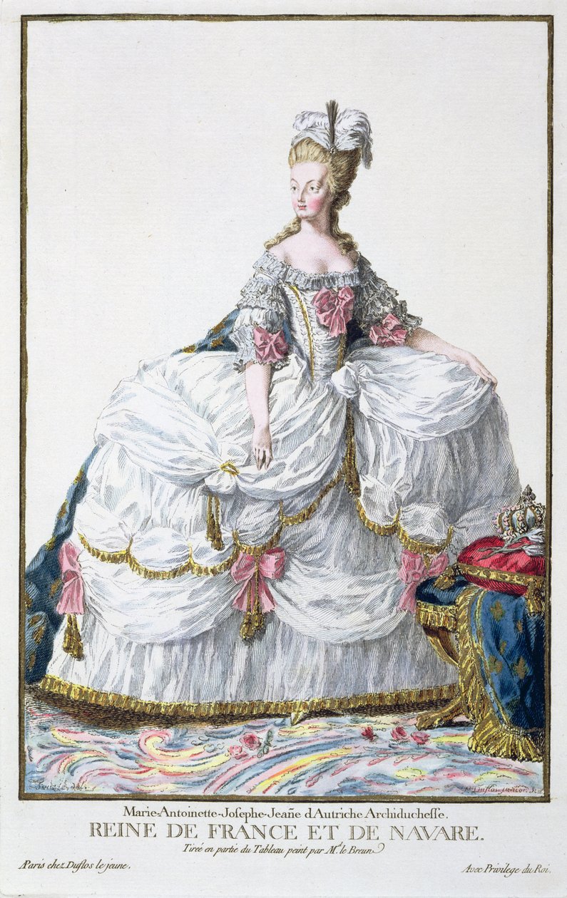 Marie Antoinette (1752-93) z „Receuil des Estampes, reprezentujący szeregi i godności, według stroju wszystkich istniejących narodów”, wydana w 1780 r. (rycina ręcznie kolorowana) autorstwa Pierre Duflos