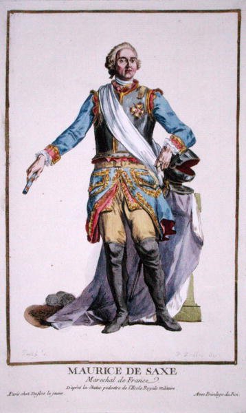 Maurycy Saksonii (1696-1750) z „Receuil des Estampes, Representant des Rangs et les Dignites, według stroju wszystkich istniejących narodów”, wydanej w 1780 r. (rycina ręcznie kolorowana) autorstwa Pierre Duflos