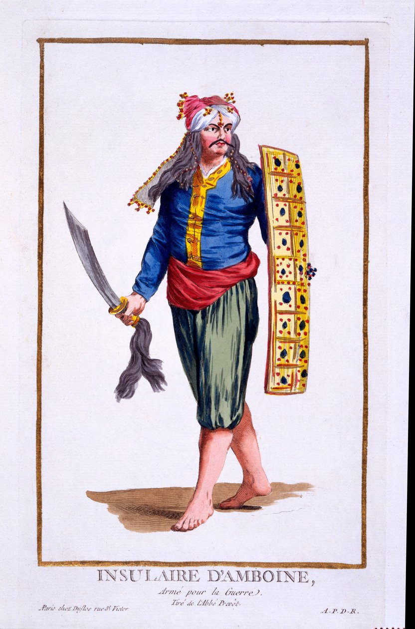 Pochodzący z wyspy Amboine, uzbrojony do wojny, z „Recuil des Estampes, Representant les Rangs et des Dignités, według stroju wszystkich istniejących narodów”, opublikowany w 1780 r. autorstwa Pierre Duflos