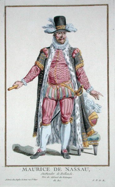 Książę Maurycy z Nassau (1567-1625) Stadholder Republiki Holenderskiej z „Receuil des Estampes, reprezentujący szeregi i dostojników, według stroju wszystkich istniejących narodów”, wydanej w 1780 r. (ręcznie kolorowana grawerunek) autorstwa Pierre Duflos