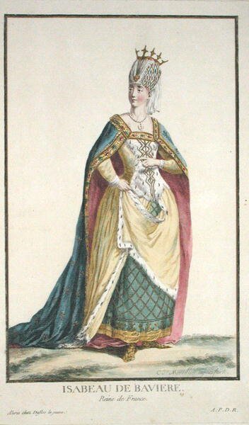 Królowa Izabela Bawarska (1371-1435) z "Receuil des Estampes, representant les Rangs et les Dignites, suivant le Costume de toutes les Nations existantes", wyd. 1780 (rycina ręcznie kolorowana) autorstwa Pierre Duflos