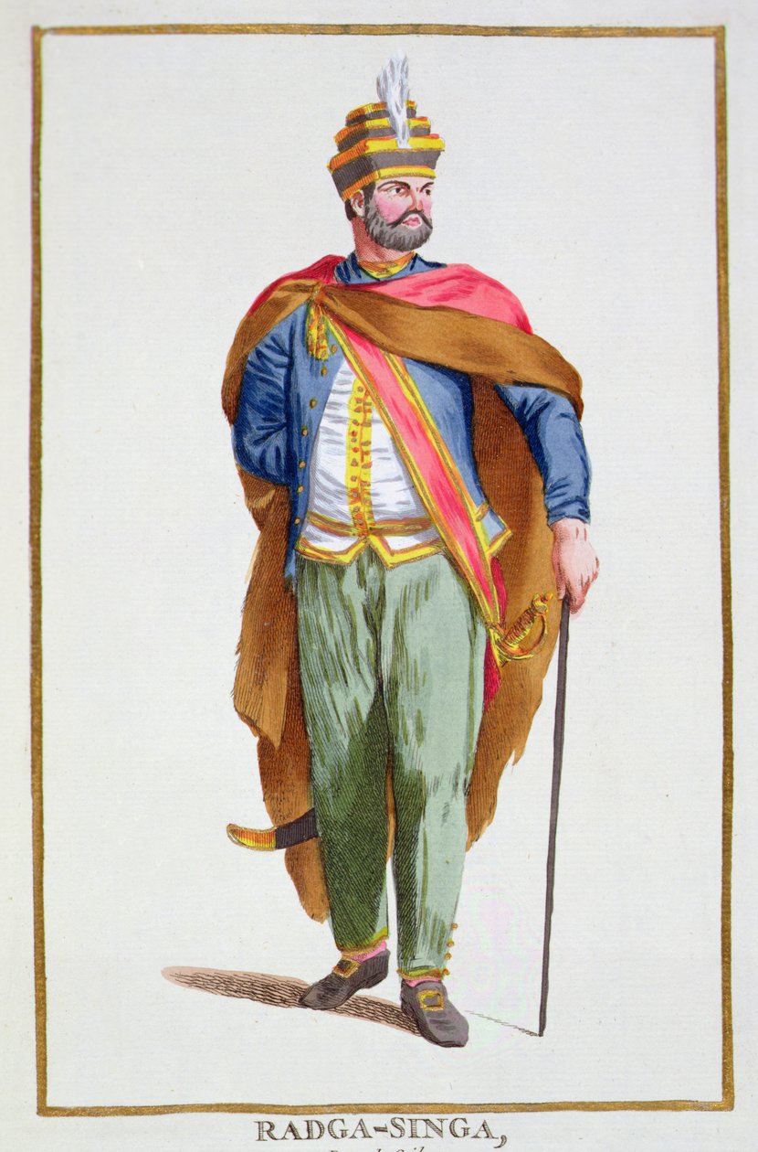 Raja-Singa król Cejlonu z „Receuil des Estampes, Representant les Rangs et les Dignites, według stroju wszystkich istniejących narodów”, wydanej w 1780 r. (ręcznie kolorowane grawerowanie) autorstwa Pierre Duflos