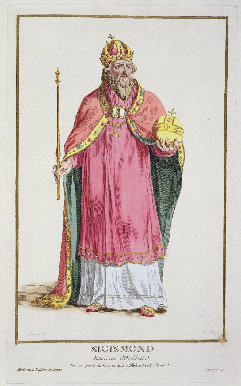 Zygmunt (1368-1437) Święty Cesarz Rzymski (1433-37) z „Receuil des Estampes, reprezentujący szeregi i dostojników, według stroju wszystkich istniejących narodów”, opublikowany 1780 (kolor dłoni autorstwa Pierre Duflos