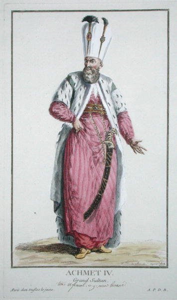 Sułtan Achmet IV (r.1603-17) z „Receuil des Estampes, reprezentujący szeregi i godności, według stroju wszystkich istniejących narodów”, wydanej w 1780 r. (rycina ręcznie kolorowana) autorstwa Pierre Duflos