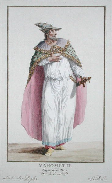 Sułtan Mahomet II (1432-81) z „Receuil des Estampes, reprezentujący szeregi i dostojników, według stroju wszystkich istniejących narodów”, wydanej w 1780 r. (rycina ręcznie kolorowana) autorstwa Pierre Duflos