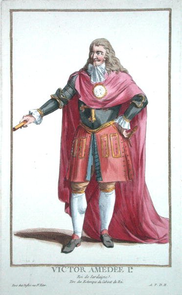Victor Amadeus II (1666-1732) z "Receuil des Estampes, representant les Rangs et les Dignites, suivant le Costume de toutes les Nations existantes", opublikowanego w 1780 r. (rycina ręcznie kolorowana) autorstwa Pierre Duflos
