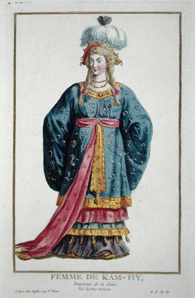Żona Kang Tsi z Recueil des Estampes, reprezentująca szeregi i dostojników, według stroju wszystkich istniejących acji”, opublikowana w 1780 r. (ręcznie kolorowana grawerunek) autorstwa Pierre Duflos