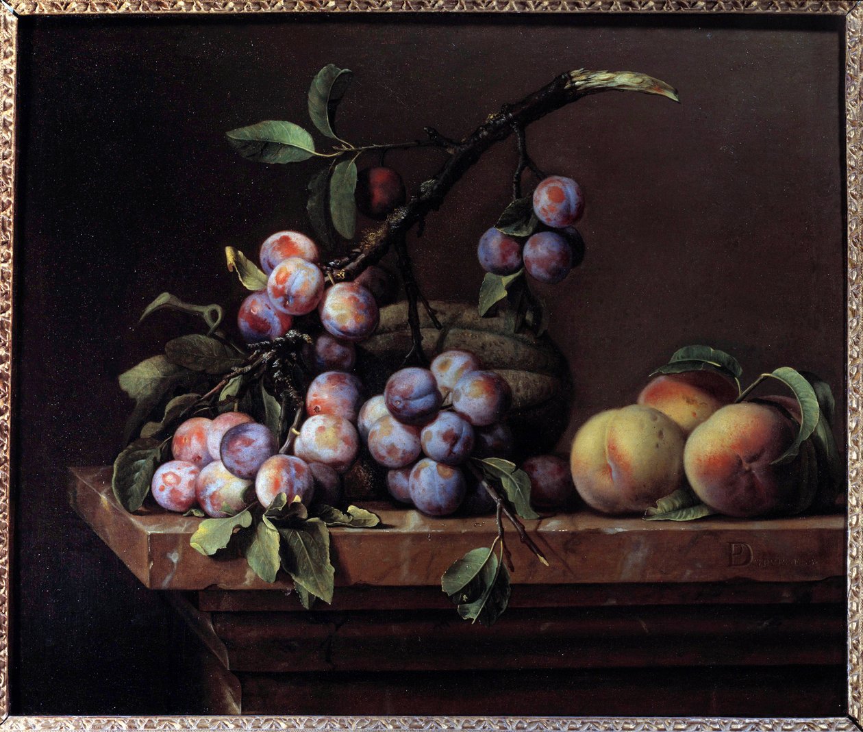Śliwki, kabaczki i brzoskwinie na marmurowym belkowaniu Obraz Pierre Dupuis (1610-1682) 1650 nd. 0,51x0,6m² autorstwa Pierre Dupuis
