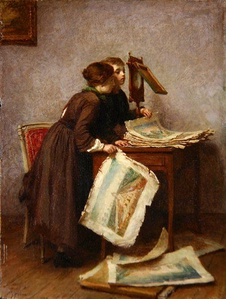Dzieci patrzące na grafiki, ok. 1870 (olej na panelu) autorstwa Pierre Edouard Frere
