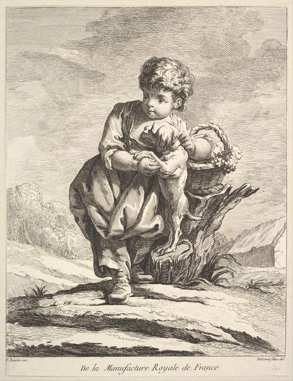 Dziecko z psem, trzymające kosz winogron, z Premier Livre de Figures daprès les po..., 1757. autorstwa Pierre Etienne Falconet