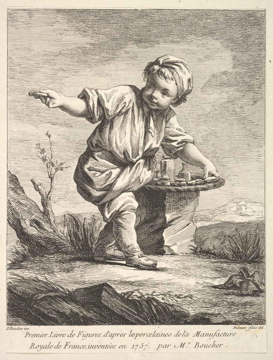 Frontyspis z małym chłopcem trzymającym koszyk, z Premier Livre de Figures daprès les po..., 1757. autorstwa Pierre Etienne Falconet