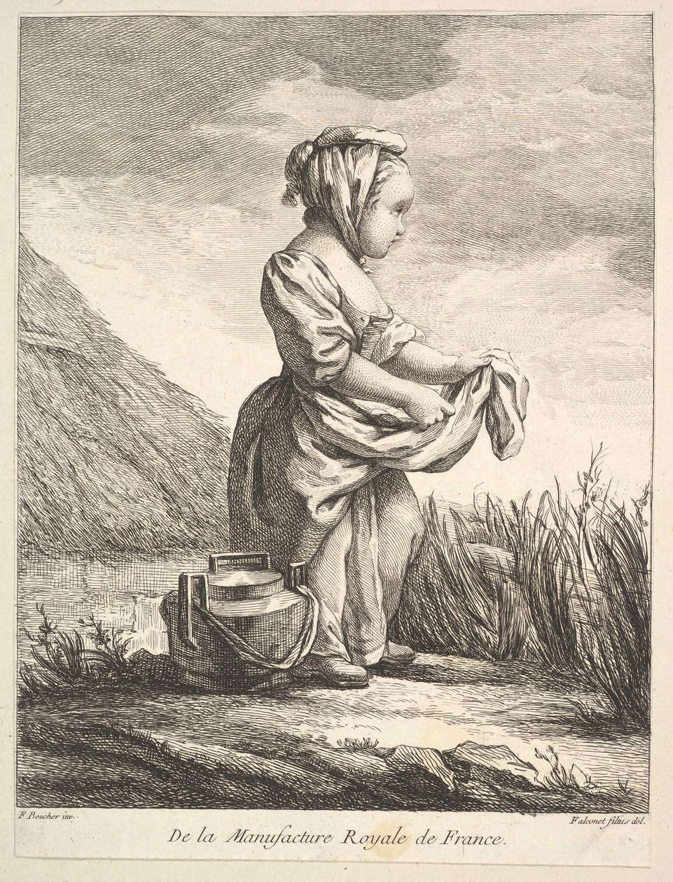 Mała dziewczynka z naczyniem przy stopach, z Premier Livre de Figures daprès les porcelana..., 1757. autorstwa Pierre Etienne Falconet