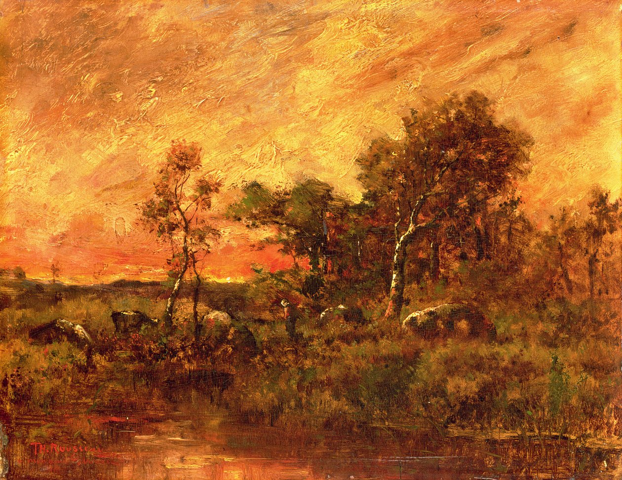 Zalesiony pejzaż ze zbieraczem gałązek, XIX w autorstwa Pierre Etienne Theodore Rousseau