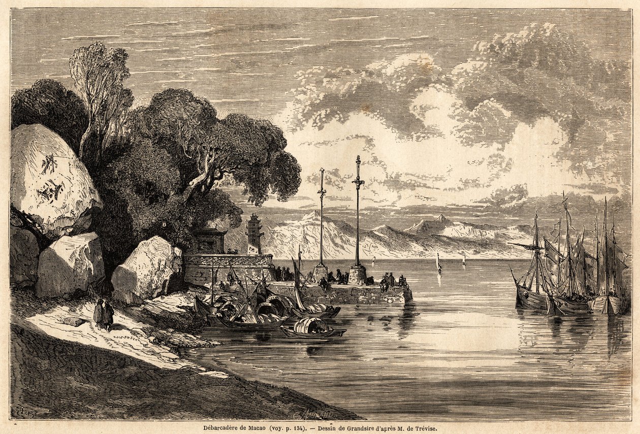 Barcadere de Macau, rysunek Grandsire ilustrujący podróż pana de Moge do Chin i Japonii w latach 1857-1858. Grawerowanie w „”Dookoła świata, nowy dziennik podróży””Paryż autorstwa Pierre Eugene Grandsire