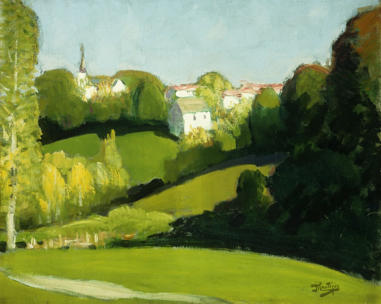 Wieś, światło i cień; Paysage, Ombre et Lumiere, ok.1920 (olej na płótnie) autorstwa Pierre Eugene Montezin