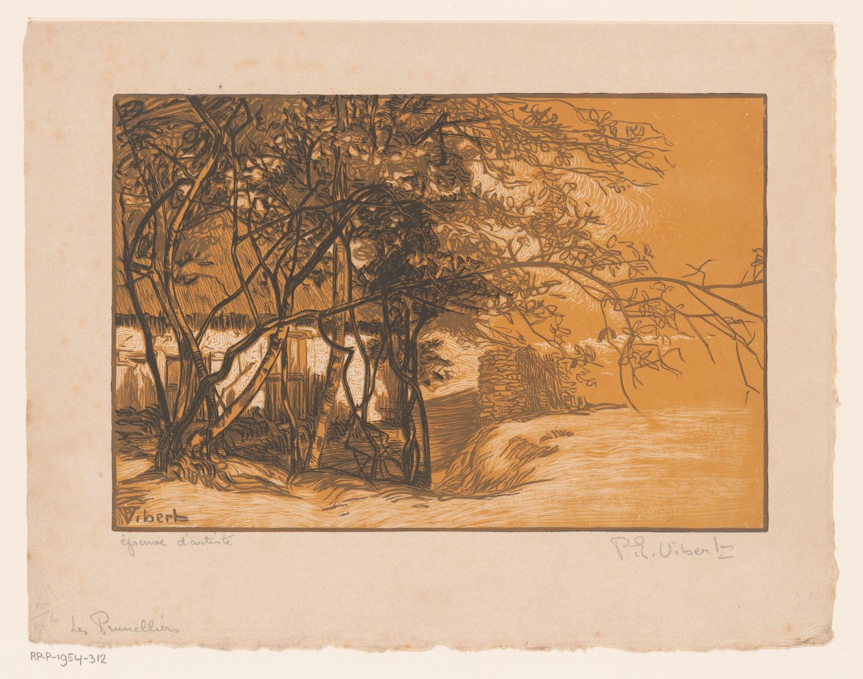 Krajobraz z farmą za drzewami Les Prunelliers (tytuł na obiekcie) autorstwa Pierre Eugène Vibert (signed by artist)