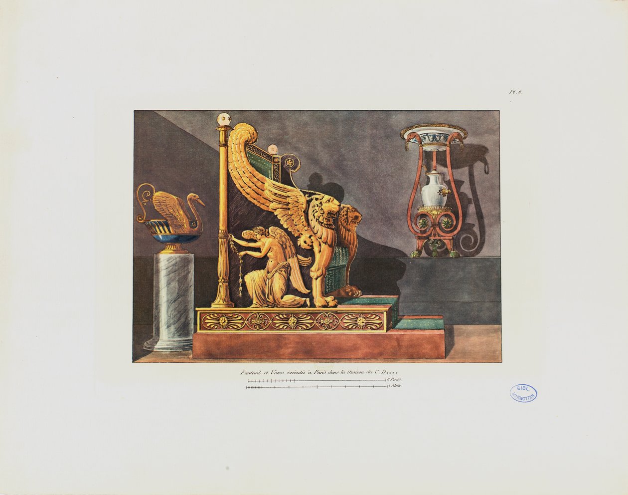 Fotel i wazon w domu C.D., z „Kolekcja wystroju wnętrz zawierająca wszystko, co ma związek z meblami”, wyd. Paryż, 1801 r. autorstwa Pierre Francois Leonard Fontaine