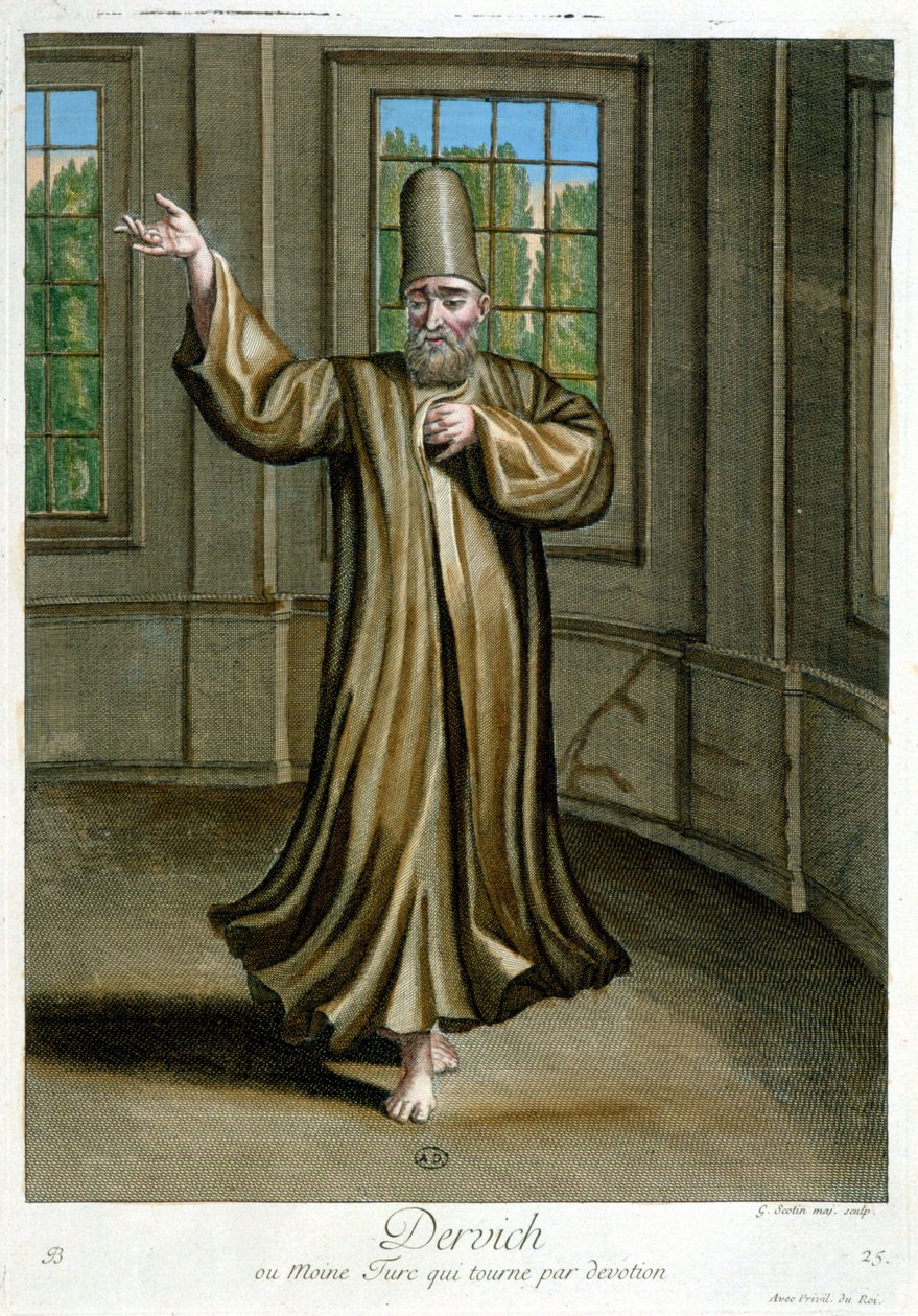 Derwich, czyli turecki mnich tańczący z oddania, „Zbiór 100 rycin przedstawiających różne narody Lewantu w latach 1707 i 1708” według rozkazów M. de Frriola, ambasadora króla w Porte i zaktualizowany w latach 1712-13 przez opiekę M. Le Hay, Bas autorstwa Pierre François Basan