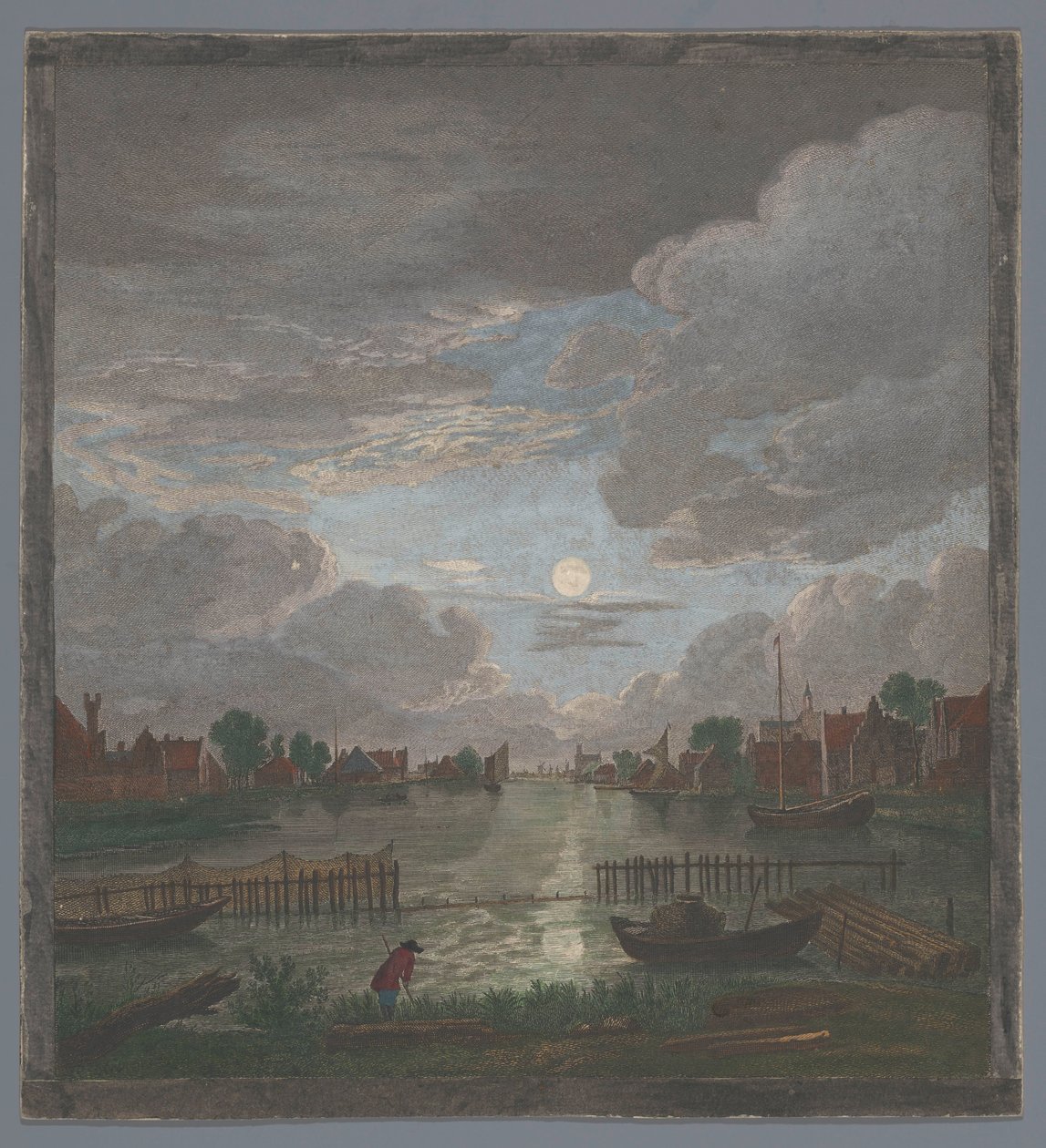 Widok na kanał w pobliżu miasta Haarlem w świetle księżyca Vûe du canal proche de Haerlem (tytuł na obiekcie) autorstwa Pierre François Basan