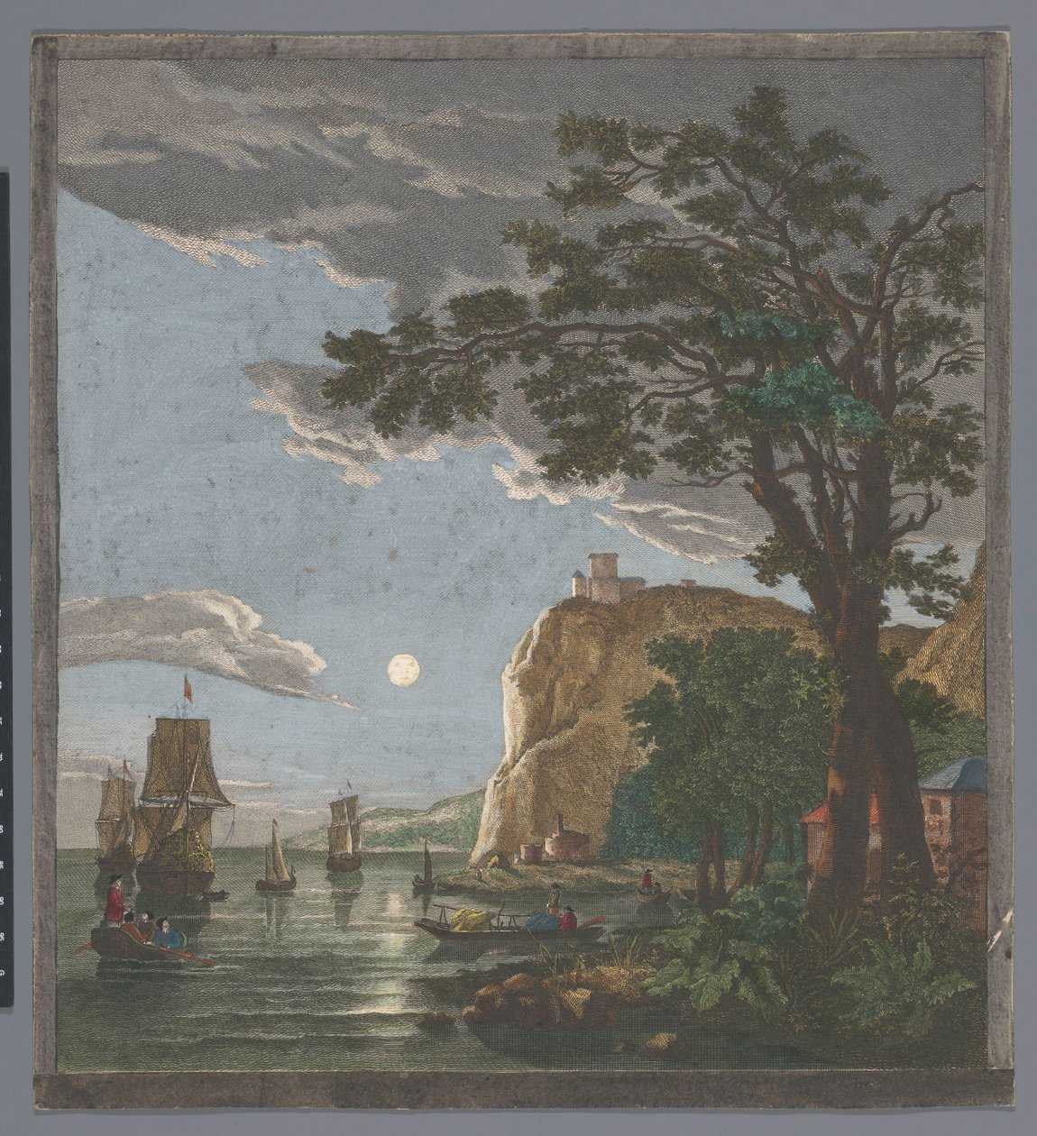 Widok na wybrzeże ze statkami i łodziami na wodzie przy świetle księżyca La pleine lune (tytuł na obiekcie) autorstwa Pierre François Basan