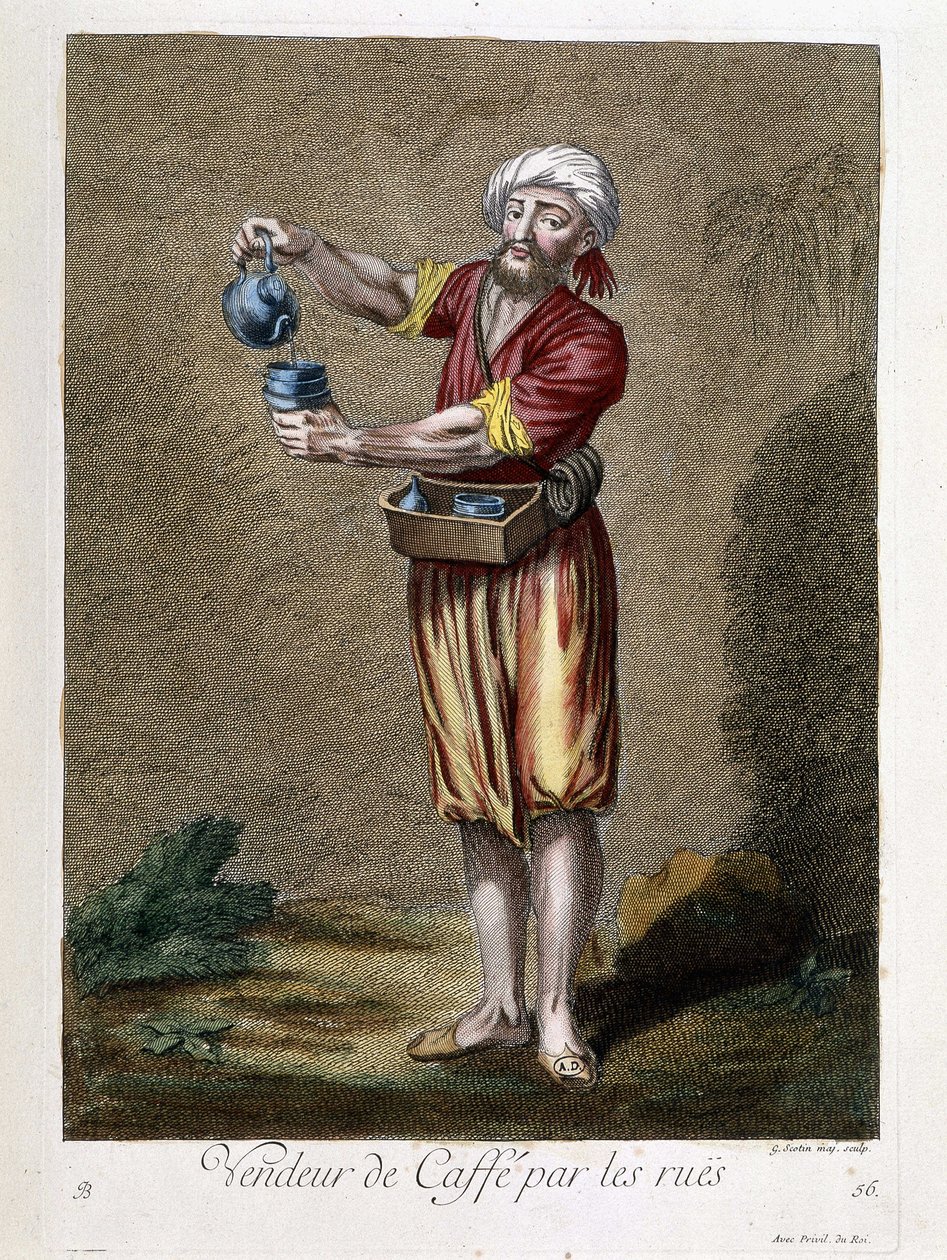 Sprzedawca kawy przy ulicach, „Zbiór 100 grafik przedstawiających różne narody Lewantu w latach 1707 i 1708” na rozkaz M. de Frriola, ambasadora króla przy Porte i aktualizowany w latach 1712-13 dzięki opiece M. Le Hay, grawer Basan, Par autorstwa Pierre François Basan