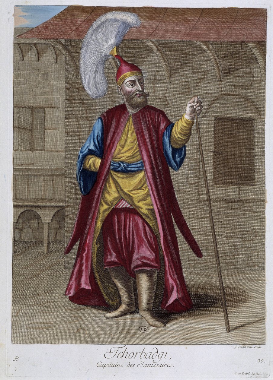 Tchorbadgi, kapitan janczarów, „Zbiór 100 rycin reprezentujących różne narody Lewantu w latach 1707 i 1708” na polecenie M. de Frriola, ambasadora króla w Porte i aktualizowany w latach 1712-13 przez opiekę M. Le Hay, Basan en autorstwa Pierre François Basan