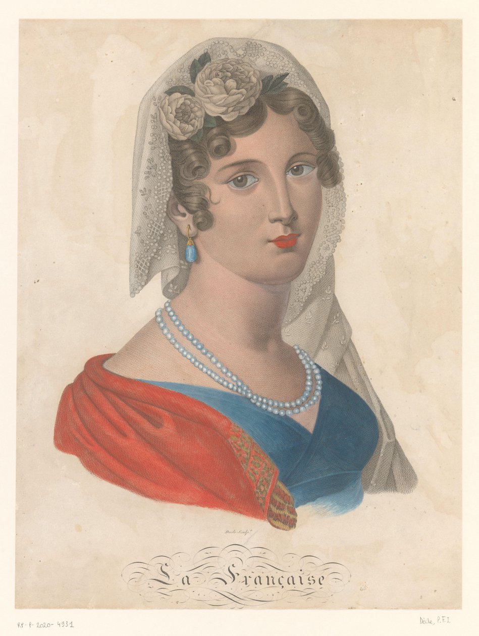 Francuzka z kolczykiem z niebieskim klejnotem, białym welonem i różami we włosach La Francaise (tytuł na obiekcie) autorstwa Pierre François Isidore Dècle