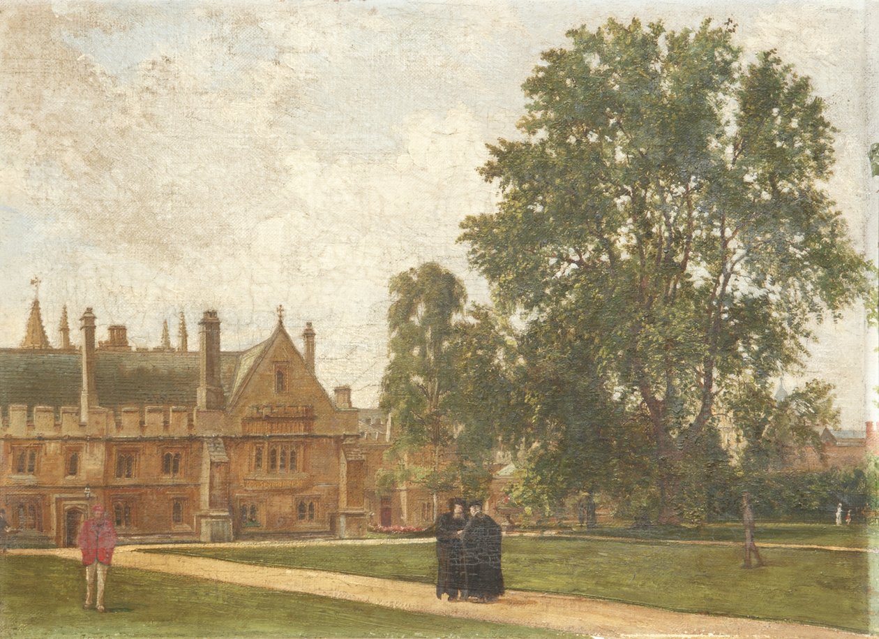 Na terenie Magdalen College, z portretami stypendystów Magdaleny: Wielebny THT Hopkins, Wielebny H.R. Bramley, Wielebny J. Rigaud i Wielebny H.F. Garnsey, 1882 autorstwa Pierre François Joseph Tonneau